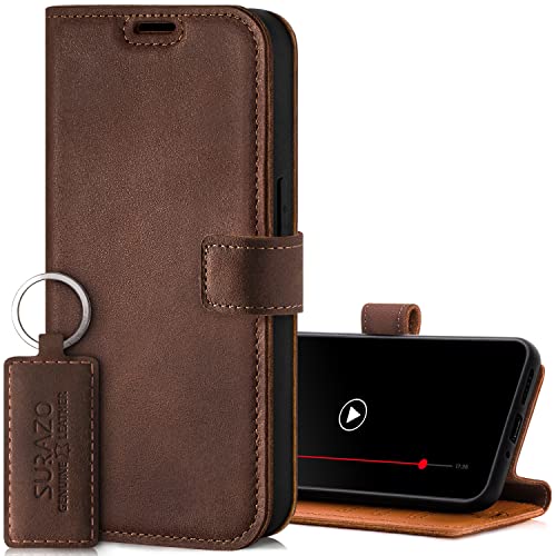 SURAZO Premium Handyhülle für Samsung Galaxy A14 5G Hülle Leder – Klappbare Echtleder Schutzhülle [Magnet, Kartenfach, RFID Schutz, Standfunktion] Klapphülle Wallet Case Cover Lederhülle (Nussbraun) von SURAZO