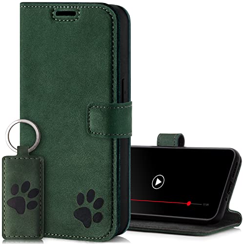 SURAZO Premium Handyhülle für Samsung Galaxy A35 5G – Premium Echtleder Schutzhülle mit Pfote Motiv – RFID Klapphülle [Magnet, Standfunktion, Kartenfach] Cover Hülle Leder Case Lederhülle (Dunkelgrün) von SURAZO