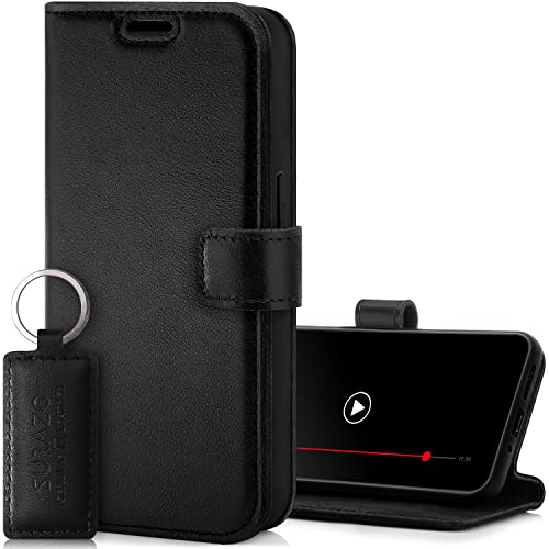 SURAZO Premium Handyhülle für Samsung Galaxy A35 Hülle Leder – Klappbare Echtleder Schutzhülle [Magnet, Kartenfach, RFID Schutz, Standfunktion] Flip Klapphülle Wallet Case Cover Lederhülle (Schwarz) von SURAZO