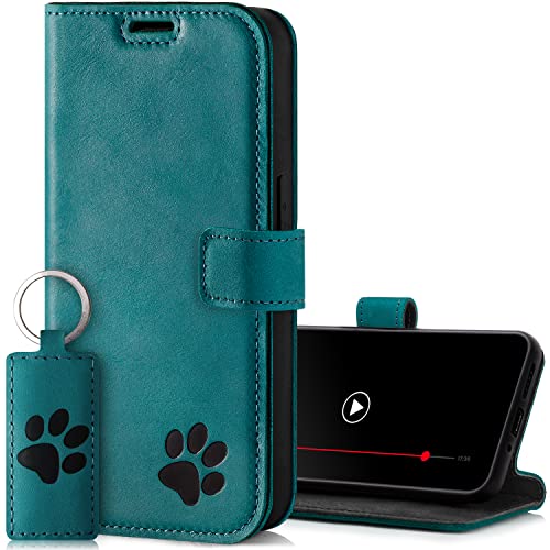 SURAZO Premium Handyhülle für Samsung Galaxy A55 5G – Premium Echtleder Schutzhülle mit Pfote Motiv – RFID Klapphülle [mit Magnet, Standfunktion, Kartenfach] Cover Hülle Leder Case Lederhülle (Türkis) von SURAZO