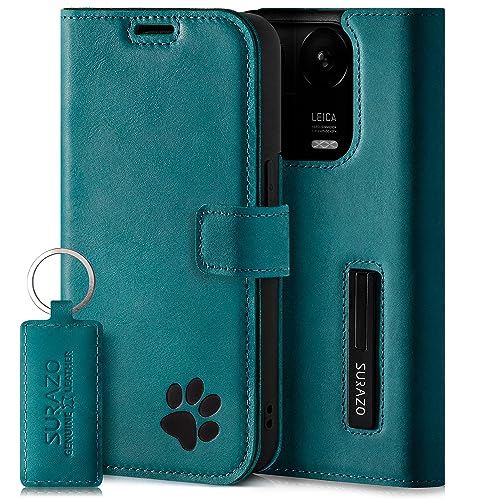 SURAZO Premium Handyhülle für Xiaomi 13 Pro 5G – Echtleder Schutzhülle mit Pfote Motiv – RFID Klapphülle [Magnet, Standfunktion, Kartenfach] Flip Cover Hülle Leder Case Lederhülle (Türkis) von SURAZO