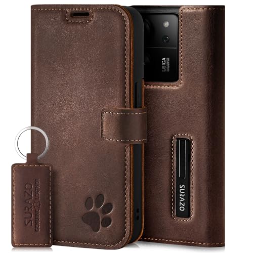 SURAZO Premium Handyhülle für Xiaomi 13T Pro & 13T 5G – Echtleder Schutzhülle mit Pfote Motiv – RFID Klapphülle [mit Magnet, Standfunktion, Kartenfach] Cover Hülle Leder Case Lederhülle (Nussbraun) von SURAZO