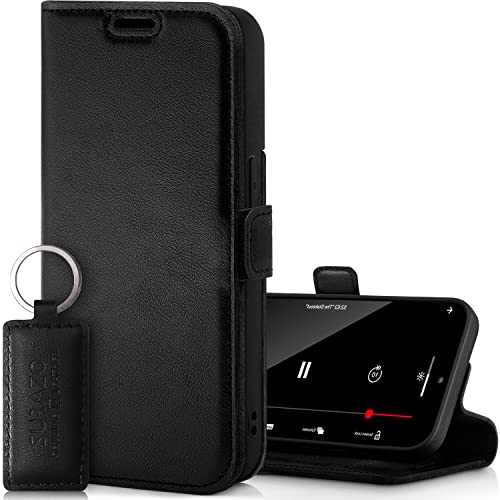 SURAZO Premium Slim Magnet Handyhülle für Samsung Galaxy S23 Hülle Leder – Klappbare Echtleder Schutzhülle [Kartenfach, RFID Schutz, Keyring] Klapphülle Wallet Case Cover Lederhülle (Dakota Schwarz) von SURAZO