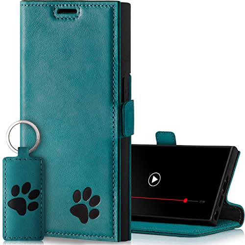 SURAZO Premium Slim Magnet Handyhülle für Samsung Galaxy S23 Ultra Hülle Leder – Echtleder Schutzhülle mit Pfote Motiv – RFID Klapphülle [Standfunktion, Kartenfach] Flip Cover Case Lederhülle (Türkis) von SURAZO