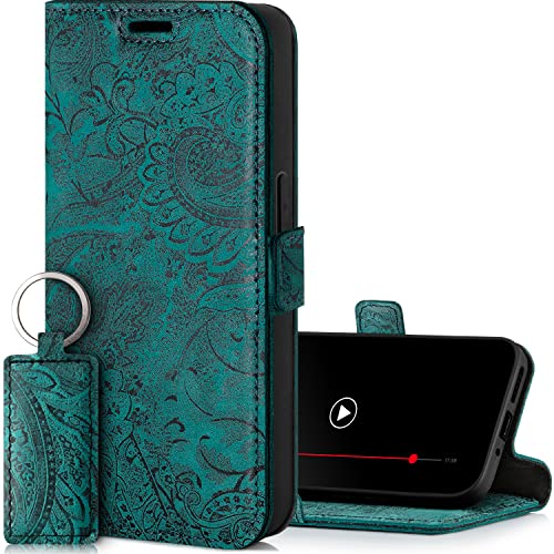 SURAZO Premium Slim Magnet Handyhülle für Samsung Galaxy S24 Hülle Leder – Klappbare Echtleder Schutzhülle [mit Kartenfach, RFID Schutz, Blumenmuster] Klapphülle Wallet Case Cover Lederhülle (Türkis) von SURAZO