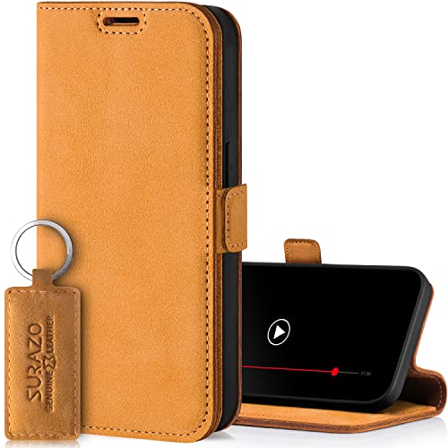 SURAZO Premium Slim Magnet Handyhülle für Samsung Galaxy S24 Plus Hülle Leder – Klappbare Echtleder Schutzhülle [Kartenfach, RFID Schutz, Keyring] Flip Klapphülle Wallet Case Cover Lederhülle (Camel) von SURAZO