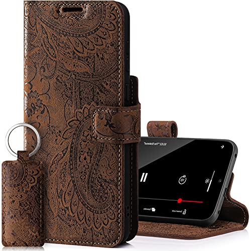 SURAZO Prestige Handyhülle für Apple iPhone 13 – Premium Echtleder Hülle Schutzhülle mit [Standfunktion, Kartenfach, RFID Schutz, Blumenmuster] Klapphülle Wallet case Handmade in Europe (Braun) von SURAZO