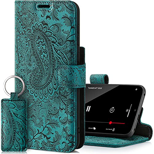 SURAZO Prestige Handyhülle für Apple iPhone 13 – Premium Echtleder Hülle Schutzhülle mit [Standfunktion, Kartenfach, RFID Schutz, Blumenmuster] Klapphülle Wallet case Handmade in Europe (Türkis) von SURAZO