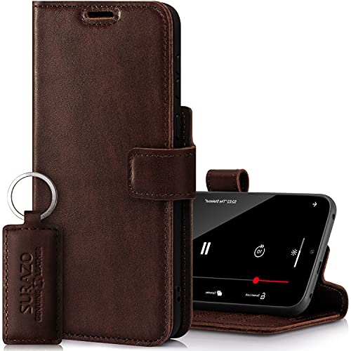 SURAZO Prestige Handyhülle für Apple iPhone 13 – Premium Echtleder Hülle Schutzhülle mit [Standfunktion, Kartenfach, RFID Schutz] – Klapphülle Wallet case Handmade in Europe (Western Dunkelbraun) von SURAZO
