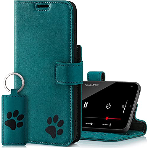 SURAZO Prestige Handyhülle für Apple iPhone 13 Pro – Echtleder Hülle mit Pfote Motiv – Vintage Klapphülle mit Standfunktion, Kartenfach und Schlüsselring - Handmade RFID Schutzhülle (Türkis) von SURAZO