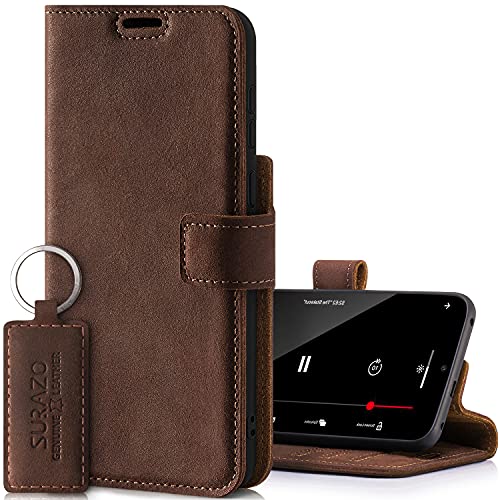 SURAZO Prestige Handyhülle für Apple iPhone 13 Pro – Premium Echtleder Hülle Schutzhülle mit [Standfunktion, Kartenfach, RFID Schutz] – Klapphülle Wallet case Handmade in Europe (Nussbraun) von SURAZO
