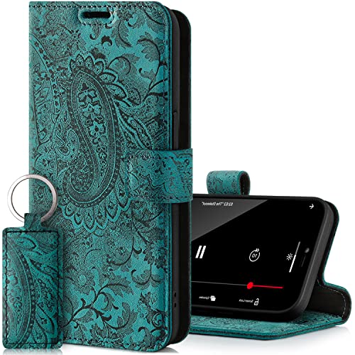 SURAZO Prestige Handyhülle für Samsung Galaxy S22 Ultra 5G – Premium Echtleder Hülle Schutzhülle mit [Standfunktion, Kartenfach, RFID Schutz, Blumenmuster] Handmade Klapphülle Wallet case (Türkis) von SURAZO