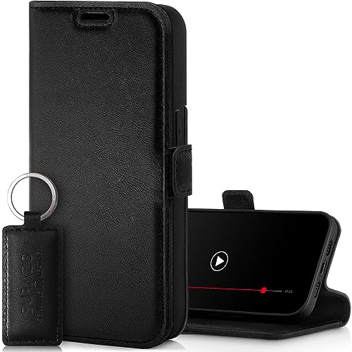 SURAZO Slim Magnet Handyhülle für Apple iPhone 15 Hülle Leder – Klappbar Echtleder Schutzhülle [mit Kartenfach, RFID Schutz, Keyring] Klapphülle Wallet Case Cover Lederhülle (Schwarz) von SURAZO