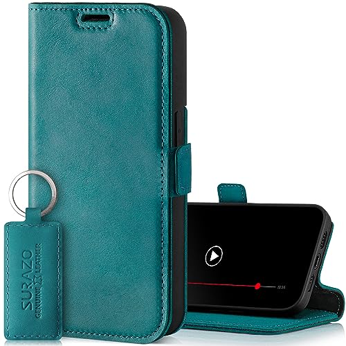 SURAZO Slim Magnet Handyhülle für Apple iPhone 15 Hülle Leder – Klappbar Echtleder Schutzhülle [mit Kartenfach, RFID Schutz] Flip Klapphülle Wallet Case Cover Lederhülle (Türkis) von SURAZO