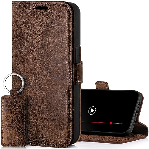 SURAZO Slim Magnet Handyhülle für Apple iPhone 15 Plus Hülle Leder – Klappbar Echtleder Schutzhülle [Kartenfach, RFID Schutz, Blumenmuster] Klapphülle Wallet Case Cover Lederhülle (Braun) von SURAZO