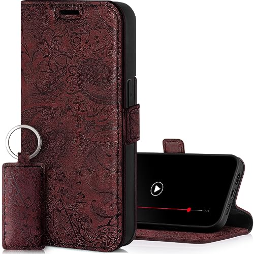 SURAZO Slim Magnet Handyhülle für Apple iPhone 15 Plus Hülle Leder – Klappbar Echtleder Schutzhülle [Kartenfach, RFID Schutz, Blumenmuster] Klapphülle Wallet Case Cover Lederhülle (Burgund) von SURAZO