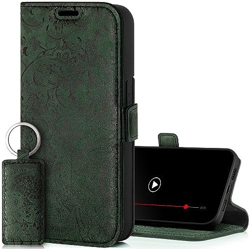 SURAZO Slim Magnet Handyhülle für Apple iPhone 15 Pro Hülle Leder – Klappbar Echtleder Schutzhülle [Kartenfach, RFID Schutz, Blumenmuster] Klapphülle Wallet Case Cover Lederhülle (Grün) von SURAZO