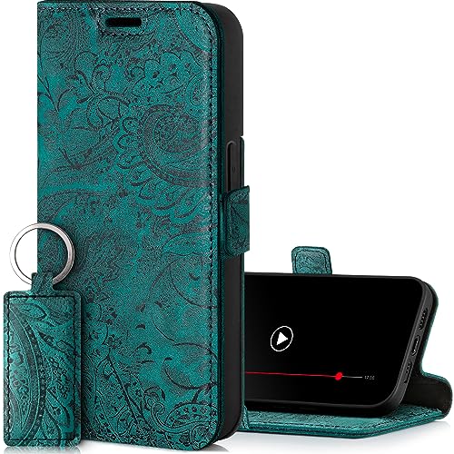 SURAZO Slim Magnet Handyhülle für Apple iPhone 15 Pro Hülle Leder – Klappbar Echtleder Schutzhülle [Kartenfach, RFID Schutz, Blumenmuster] Klapphülle Wallet Case Cover Lederhülle (Türkis) von SURAZO