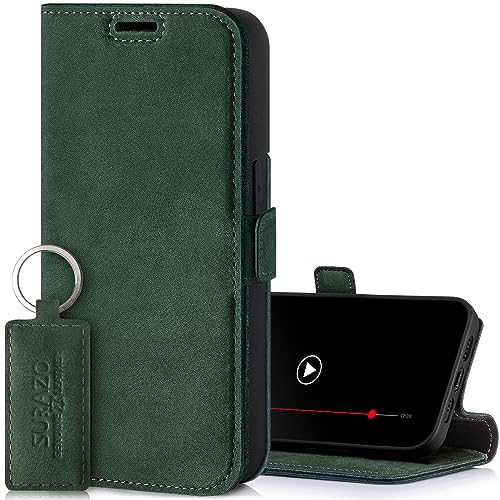 SURAZO Slim Magnet Handyhülle für Apple iPhone 15 Pro Hülle Leder – Klappbar Echtleder Schutzhülle [mit Kartenfach, RFID Schutz] Flip Klapphülle Wallet Case Cover Lederhülle (Dunkelgrün) von SURAZO