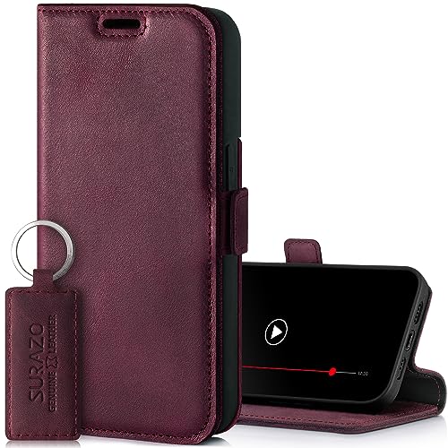 SURAZO Slim Magnet Handyhülle für Apple iPhone 15 Pro Max Hülle Leder – Klappbar Echtleder Schutzhülle [mit Kartenfach, RFID Schutz] Flip Klapphülle Wallet Case Cover Lederhülle (Burgund) von SURAZO