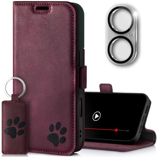 SURAZO Slim Magnet Handyhülle für Apple iPhone 16 Hülle Leder - Echtleder Schutzhülle mit Pfote Motiv RFID Klapphülle [Standfunktion, Kartenfach, Kameraschutz Glas] Flip Cover Case Lederhülle Burgund von SURAZO