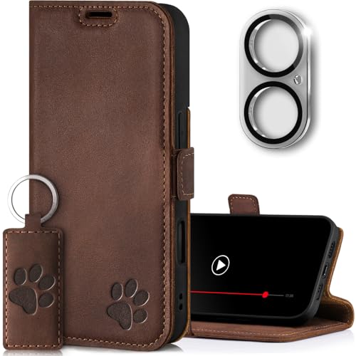 SURAZO Slim Magnet Handyhülle für Apple iPhone 16 Hülle Leder - Echtleder Schutzhülle mit Pfote Motiv RFID Klapphülle [Standfunktion, Kartenfach, Kameraschutz Glas] Flip Cover Case Lederhülle Braun von SURAZO