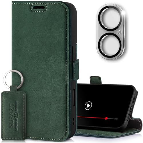 SURAZO Slim Magnet Handyhülle für Apple iPhone 16 Hülle Leder - Klappbar Echtleder Schutzhülle [Kartenfach, RFID Schutz, Kameraschutz Glas] Flip Klapphülle Wallet Case Cover Lederhülle (Dunkelgrün) von SURAZO