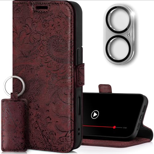 SURAZO Slim Magnet Handyhülle für Apple iPhone 16 Hülle Leder - Klappbar Echtleder Schutzhülle [Kartenfach, RFID Schutz, Kameraschutz Glas] [Muster] Klapphülle Wallet Case Cover Lederhülle (Burgund) von SURAZO