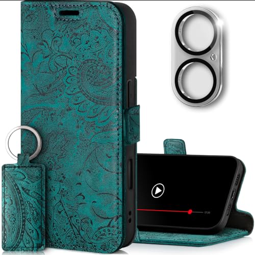SURAZO Slim Magnet Handyhülle für Apple iPhone 16 Hülle Leder - Klappbar Echtleder Schutzhülle [Kartenfach, RFID Schutz, Kameraschutz Glas] [Muster] Klapphülle Wallet Case Cover Lederhülle (Türkis) von SURAZO