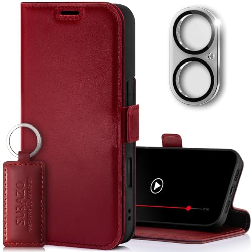 SURAZO Slim Magnet Handyhülle für Apple iPhone 16 Hülle Leder - Klappbar Echtleder Schutzhülle [mit Kartenfach, RFID Schutz, Kameraschutz Glas] Flip Klapphülle Wallet Case Cover Lederhülle (Rot) von SURAZO