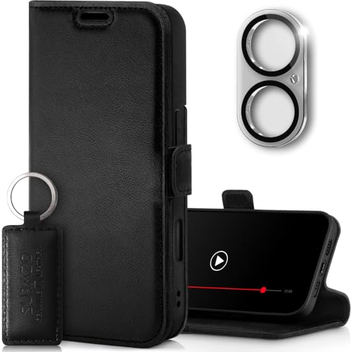 SURAZO Slim Magnet Handyhülle für Apple iPhone 16 Hülle Leder - Klappbar Echtleder Schutzhülle [mit Kartenfach, RFID Schutz, Kameraschutz Glas] Flip Klapphülle Wallet Case Cover Lederhülle (Schwarz) von SURAZO