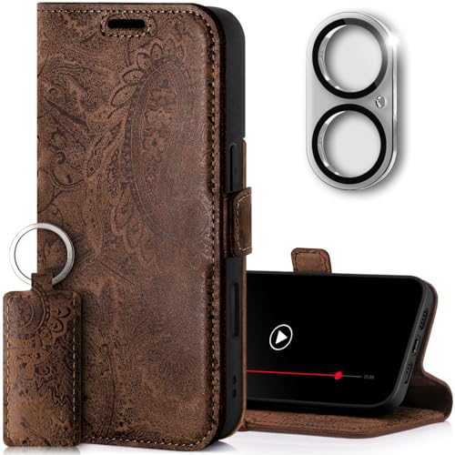 SURAZO Slim Magnet Handyhülle für Apple iPhone 16 Hülle Leder Klappbar Echtleder Schutzhülle [mit Kartenfach, RFID Schutz, Kameraschutz Glas] [Muster] Klapphülle Wallet Case Cover Lederhülle (Braun) von SURAZO