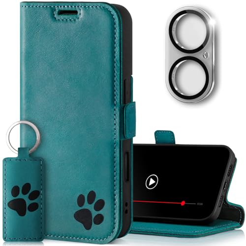 SURAZO Slim Magnet Handyhülle für Apple iPhone 16 Plus Hülle Leder - Echtleder Schutzhülle mit Pfote Motiv RFID Klapphülle [Standfunktion, Kartenfach, Kameraschutz] Flip Cover Case Lederhülle Türkis von SURAZO