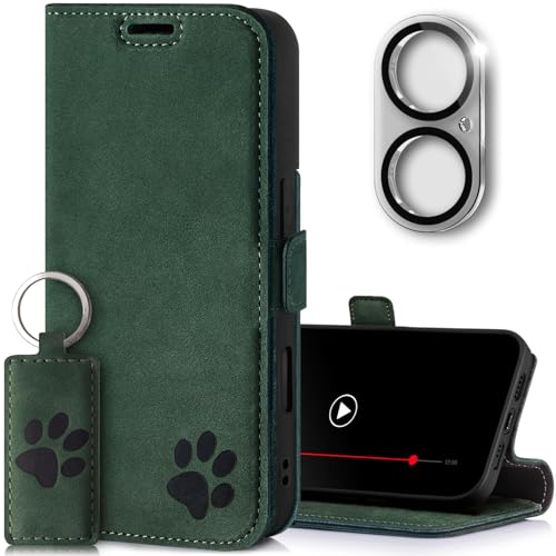 SURAZO Slim Magnet Handyhülle für Apple iPhone 16 Plus Hülle Leder – Echtleder Schutzhülle mit Pfote Motiv RFID Klapphülle [Standfunktion, Kartenfach, Kameraschutz] Flip Cover Case Lederhülle Grün von SURAZO
