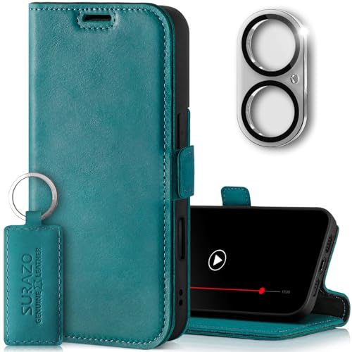 SURAZO Slim Magnet Handyhülle für Apple iPhone 16 Plus Hülle Leder - Klappbar Echtleder Schutzhülle [mit Kartenfach, RFID Schutz, Kameraschutz] Flip Klapphülle Wallet Case Cover Lederhülle (Türkis) von SURAZO