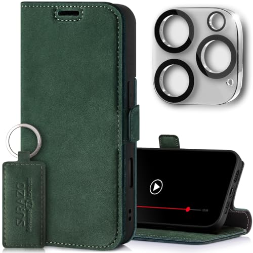 SURAZO Slim Magnet Handyhülle für Apple iPhone 16 Pro Hülle Leder - Klappbar Echtleder Schutzhülle [Kartenfach, RFID Schutz, Kameraschutz] Flip Klapphülle Wallet Case Cover Lederhülle (Dunkelgrün) von SURAZO