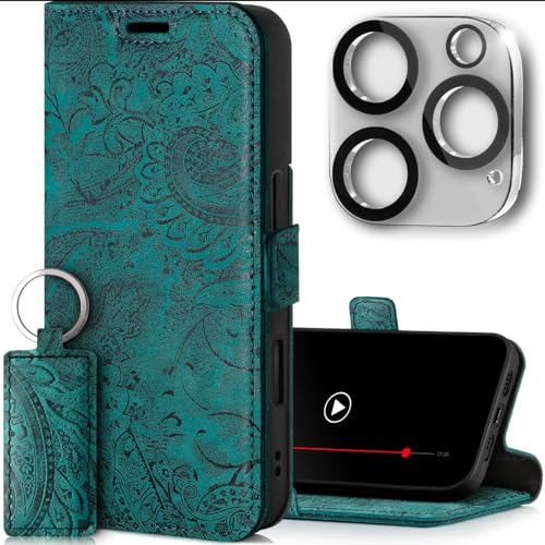SURAZO Slim Magnet Handyhülle für Apple iPhone 16 Pro Hülle Leder - Klappbar Echtleder Schutzhülle [Kartenfach, RFID Schutz, Kameraschutz] [Muster] Klapphülle Wallet Case Cover Lederhülle (Türkis) von SURAZO