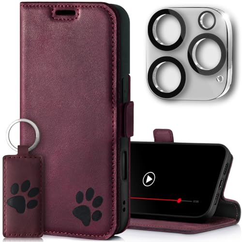 SURAZO Slim Magnet Handyhülle für Apple iPhone 16 Pro Max Hülle Leder - Echtleder Schutzhülle Pfote Motiv RFID Klapphülle [Standfunktion, Kartenfach, Kameraschutz] Flip Cover Case Lederhülle Burgund von SURAZO
