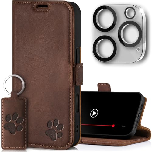 SURAZO Slim Magnet Handyhülle für Apple iPhone 16 Pro Max Hülle Leder Echtleder Schutzhülle mit Pfote Motiv RFID Klapphülle [Standfunktion, Kartenfach, Kameraschutz] Flip Cover Case Lederhülle Braun von SURAZO