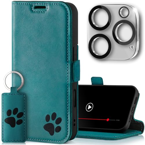 SURAZO Slim Magnet Handyhülle für Apple iPhone 16 Pro Max Hülle Leder Echtleder Schutzhülle mit Pfote Motiv RFID Klapphülle [Standfunktion, Kartenfach, Kameraschutz] Flip Cover Case Lederhülle Türkis von SURAZO