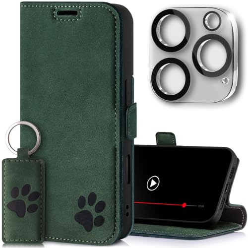 SURAZO Slim Magnet Handyhülle für Apple iPhone 16 Pro Max Hülle Leder - Echtleder Schutzhülle mit Pfote Motiv RFID Klapphülle [Standfunktion, Kartenfach, Kameraschutz] Flip Cover Case Lederhülle Grün von SURAZO