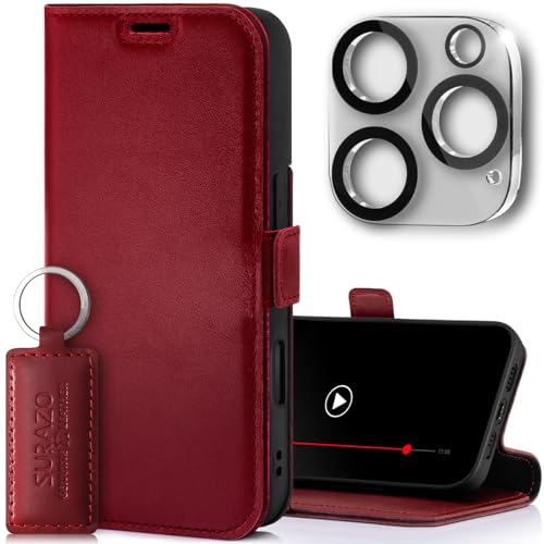 SURAZO Slim Magnet Handyhülle für Apple iPhone 16 Pro Max Hülle Leder - Klappbar Echtleder Schutzhülle [Kartenfach, RFID Schutz, Kameraschutz] Flip Klapphülle Wallet Case Cover Lederhülle (Rot) von SURAZO