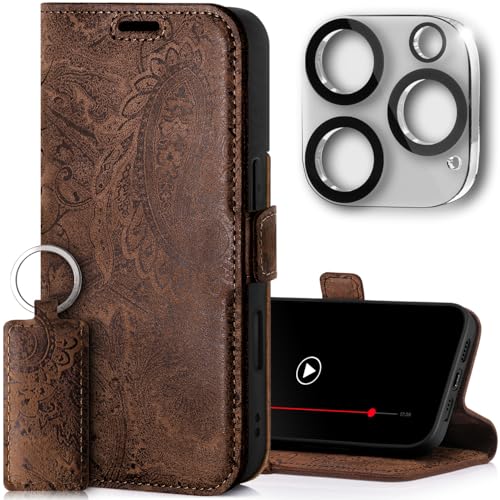 SURAZO Slim Magnet Handyhülle für Apple iPhone 16 Pro Max Hülle Leder Klappbar Echtleder Schutzhülle [Kartenfach, RFID Schutz, Kameraschutz] [Muster] Klapphülle Wallet Case Cover Lederhülle (Braun) von SURAZO
