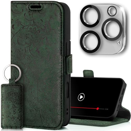 SURAZO Slim Magnet Handyhülle für Apple iPhone 16 Pro Max Hülle Leder Klappbar Echtleder Schutzhülle [Kartenfach, RFID Schutz, Kameraschutz] [Muster] Klapphülle Wallet Case Cover Lederhülle (Grün) von SURAZO