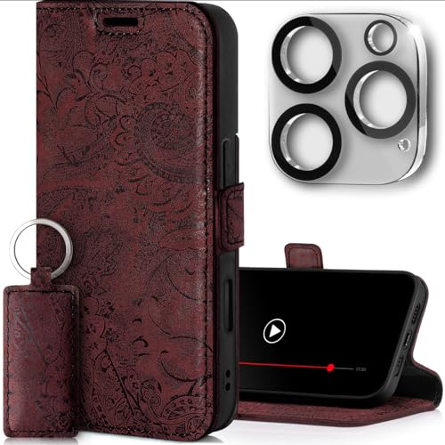 SURAZO Slim Magnet Handyhülle für Apple iPhone 16 Pro Max Hülle Leder Klappbar Echtleder Schutzhülle [Kartenfach, RFID Schutz, Kameraschutz] [Muster] Klapphülle Wallet Case Cover Lederhülle (Burgund) von SURAZO