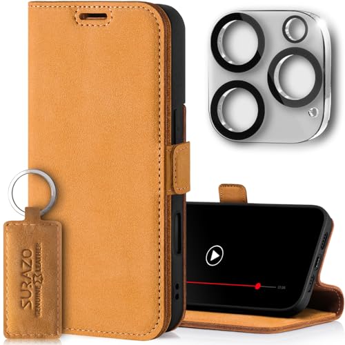 SURAZO Slim Magnet Handyhülle für Apple iPhone 16 Pro Max Hülle Leder - Klappbar Echtleder Schutzhülle [mit Kartenfach, RFID Schutz, Kameraschutz] Flip Klapphülle Wallet Case Cover Lederhülle (Camel) von SURAZO