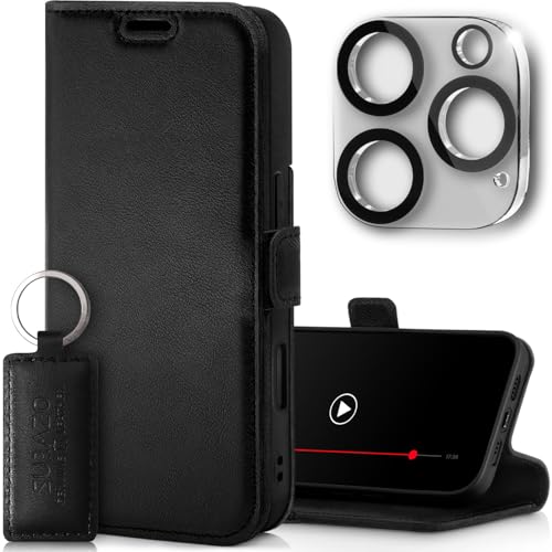 SURAZO Slim Magnet Handyhülle für Apple iPhone 16 Pro Max Hülle Leder Klappbar Echtleder Schutzhülle [mit Kartenfach, RFID Schutz, Kameraschutz] Flip Klapphülle Wallet Case Cover Lederhülle (Schwarz) von SURAZO