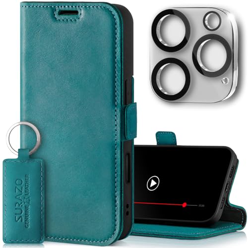 SURAZO Slim Magnet Handyhülle für Apple iPhone 16 Pro Max Hülle Leder Klappbar Echtleder Schutzhülle [mit Kartenfach, RFID Schutz, Kameraschutz] Flip Klapphülle Wallet Case Cover Lederhülle (Türkis) von SURAZO