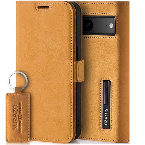 SURAZO Slim Magnet Handyhülle für Google Pixel 8 Hülle Leder – Klappbar Echtleder Schutzhülle [Kartenfach, RFID Schutz, Keyring] Flip Klapphülle Wallet Case Cover Lederhülle (Camel) von SURAZO