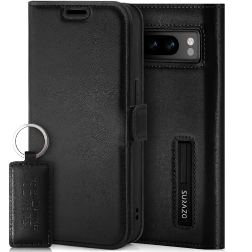 SURAZO Slim Magnet Handyhülle für Google Pixel 8 Pro Hülle Leder – Klappbar Echtleder Schutzhülle [mit Kartenfach, RFID Schutz, Keyring] Klapphülle Wallet Case Cover Lederhülle (Schwarz) von SURAZO